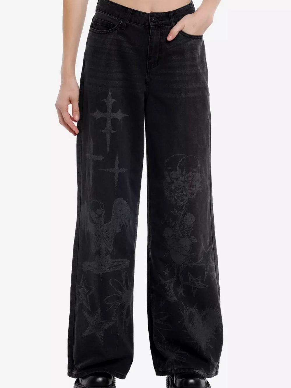 Hot Topic Social Collision Skull & Cross Hi-Rise Wide Leg Jeans Size 9